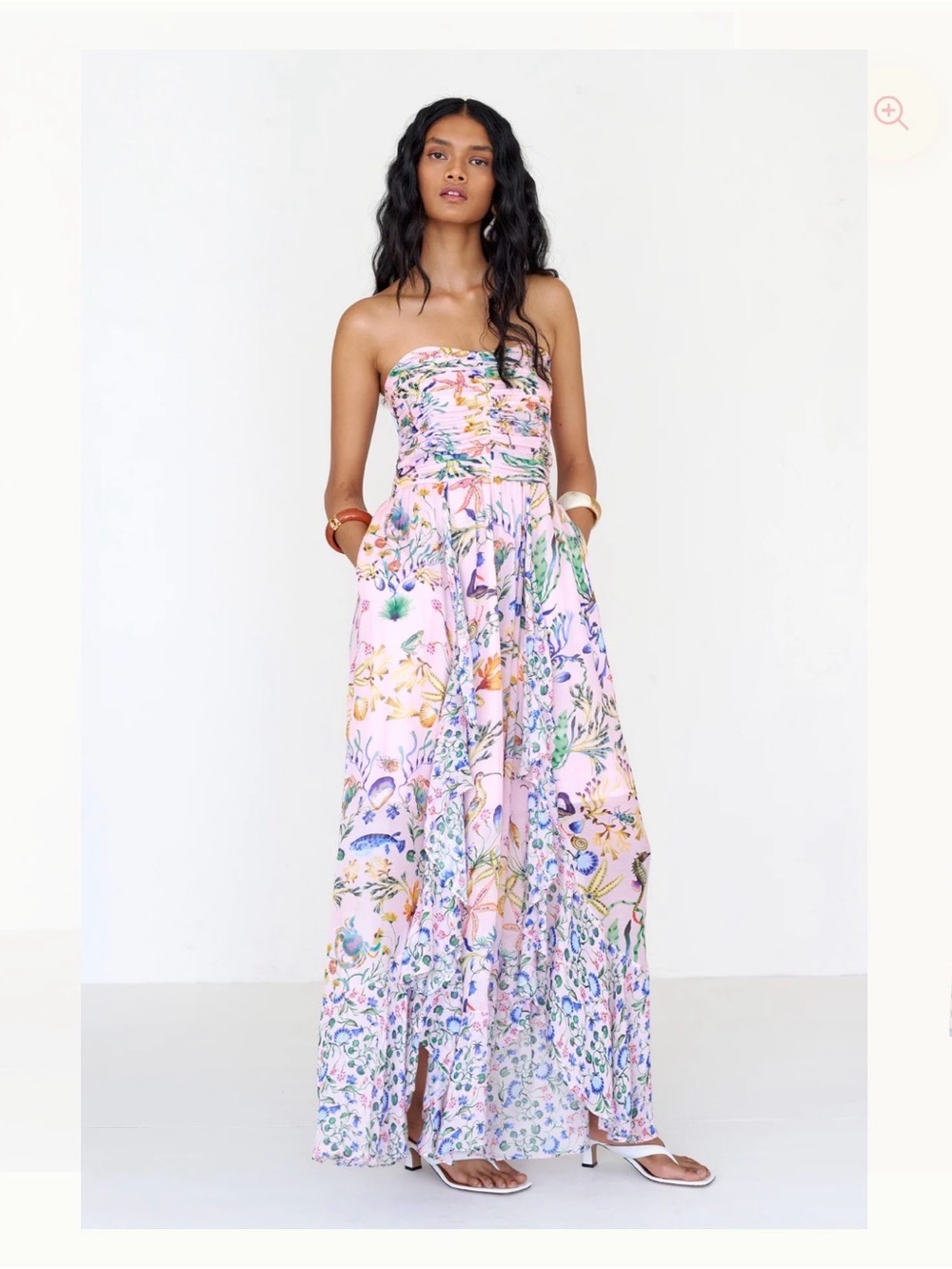 Banjanan Bella Strapless Pink Floral Fish Birds Tidepool Conch Maxi Dress S